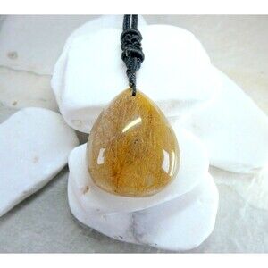 Large Natural Golden Rutilated Quartz Silk Pendant Necklace Adjustable